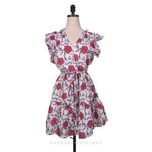 Oliphant Mini Dress M White Pink Blue Ruffle Sleeveless Gauze India Boho Beach